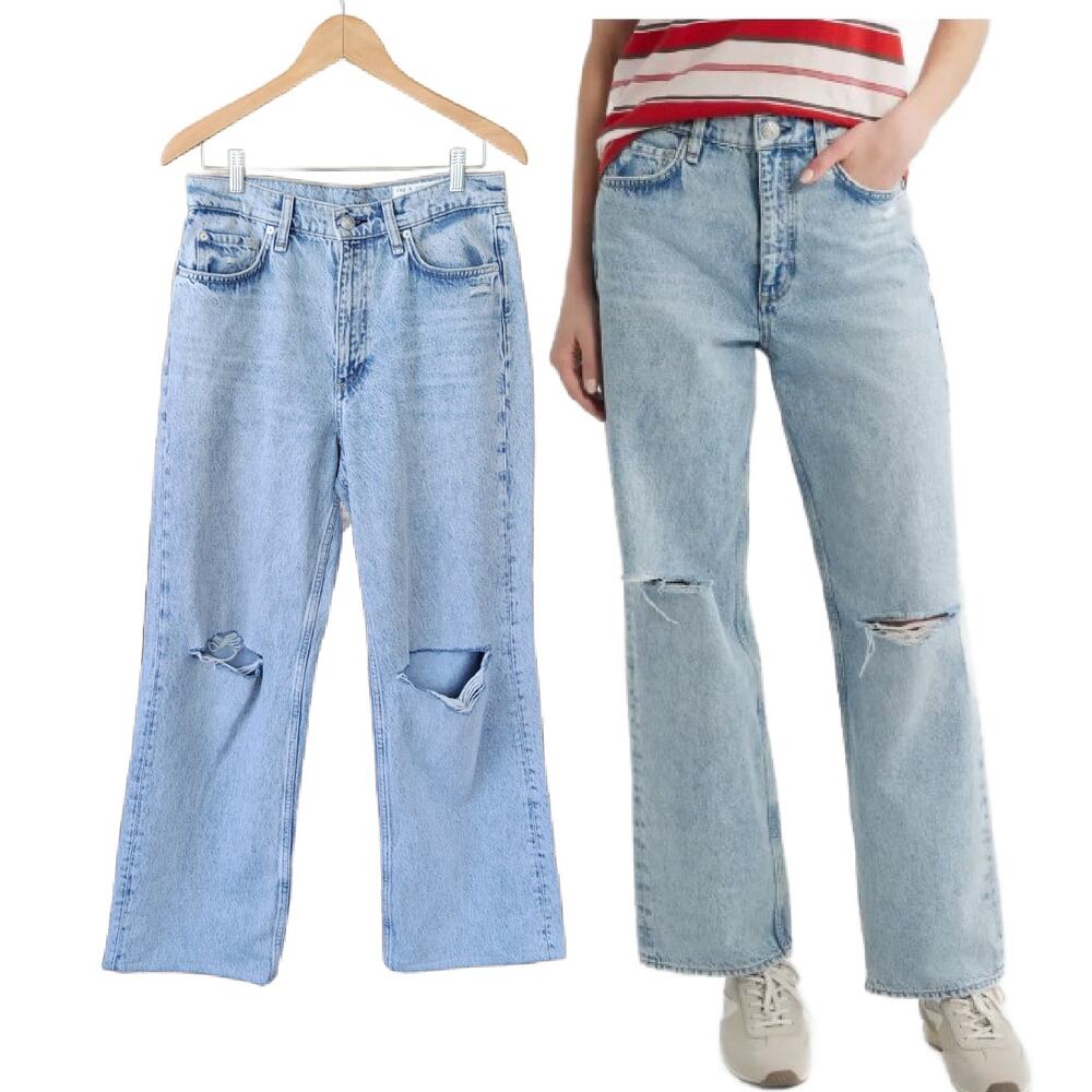 RAG & BONE Shea High Rise Relaxed Straight Wide Leg Jeans Sz 28 x 29 Light Holes